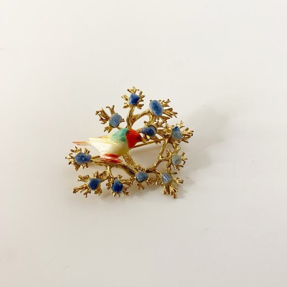 Vintage Enamel Bird Brooch Pin On Branch Gold Tone Blue Rhinestone Prong 1.75" - Picture 6 of 8